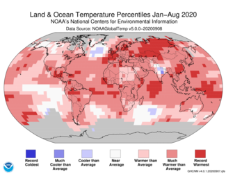 January to August 2020 Global Temperature Percentiles Map