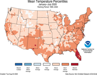 January to July 2020 US Average Temperature Percentiles Map