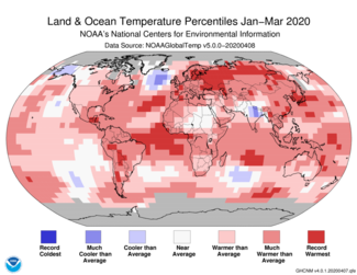 January-to-March 2020 Global Temperature Percentiles Map
