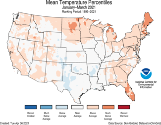 January to March 2021 US Average Temperature Percentiles Map
