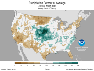 January to March 2021 US Precipitation Percent of Average Map