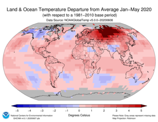 January-May 2020 Global Temperature Departures from Average Map