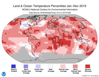 January to November 2019 Global Temperature Percentiles Map