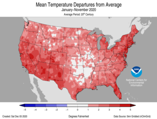 January-to-November 2020 US Mean Temperature Departures from Average Map