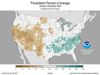January-to-November 2020 US Precipitation Percent of Average Map