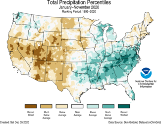January-to-November 2020 US Total Precipitation Percentiles Map