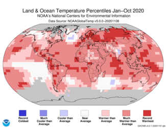 January to October 2020 Global Temperature Percentiles Map