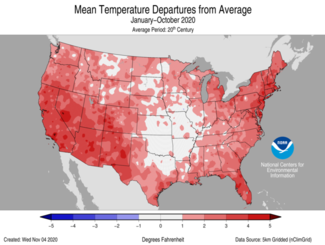 January to October 2020 US Average Temperature Departures from Average Map