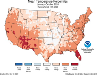 January to October 2020 US Average Temperature Percentiles Map