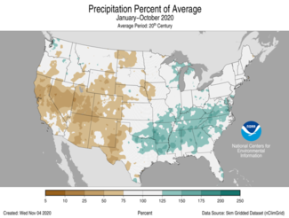 January to October 2020 US Precipitation Percent of Average Map