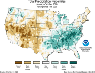 January to October 2020 US Total Precipitation Percentiles Map