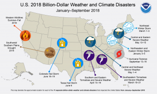 Map of January to September 2018 U.S. billion-dollar disaster events