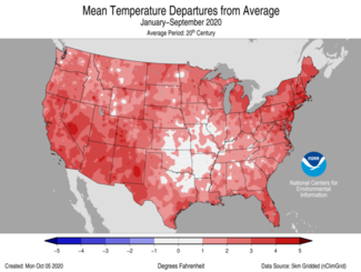 January-to-September 2020 US Mean Temperature Departures from Average Map