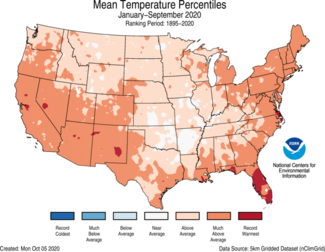 January-to-September 2020 US Average Temperature Percentiles Map