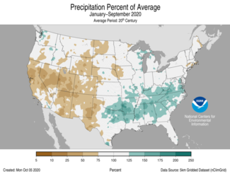 January-to-September 2020 US Precipitation Percent of Average Map