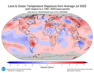 Global map showing land and ocean temperature departure from average for July 2022 with warmer areas colored in gradients of red and cooler areas in gradients of blue.