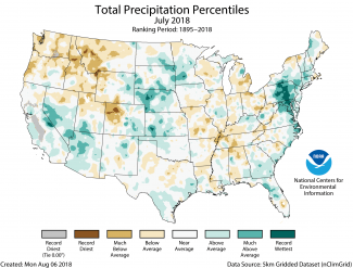 Map of July 2018 U.S. total precipitation percentiles