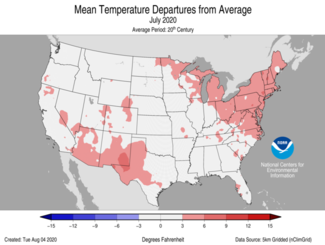 July 2020 US Mean Temperature Departures from Average Map