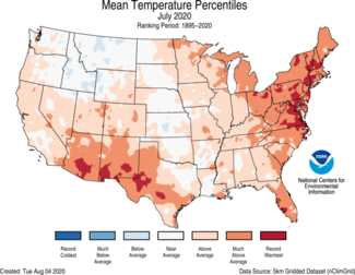 July 2020 US Average Temperature Percentiles Map