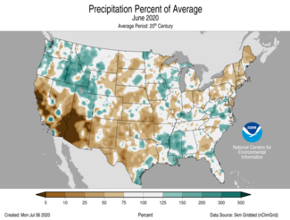June 2020 US Precipitation Percent of Average Map