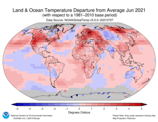 June 2021 Global Mean Temperature Departures from Average Map