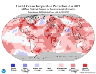 June 2021 Global Average Temperature Percentiles Map