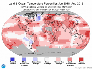 Map of global temperature percentiles for June to August 2018