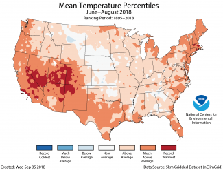 Map of June to August 2018 U.S. average temperature percentiles