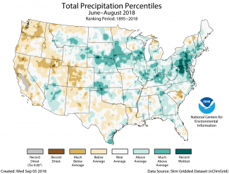 Map of June to August 2018 U.S. total precipitation percentiles