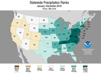Map of U.S. statewide precipitation ranks for 2018