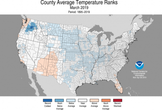 Map of average county temperature ranks in the U.S. for March 2019