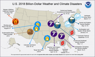 Map of 2018 U.S. billion-dollar climate and weather disasters