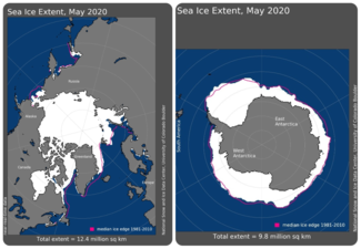 Maps of Arctic and Antarctic sea ice extent in May 2020