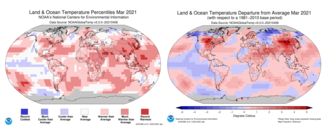 March 2021 Global Temperature Percentile Map and Global Temperature Departure from Average Map