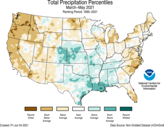 Map of March-May 2021 U.S. total precipitation percentiles