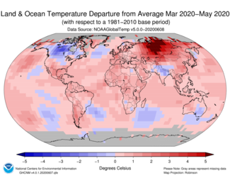 March-May 2020 Global Temperature Departures from Average Map