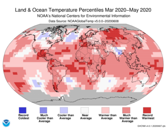 March-May 2020 Global Temperature Percentiles Map