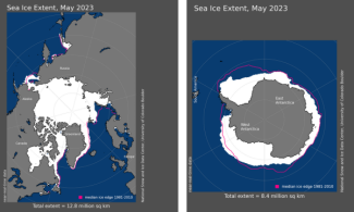 Map of Arctic and surrounding regions of Canada, Alaska, Greenland, and Russia showing sea ice extent in white and map of Antarctica and surrounding ocean showing sea ice extent in white for May 2023.