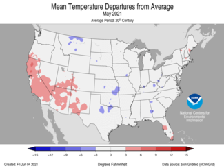 Map of May 2021 U.S. average temperature departures from average