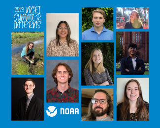 Bright blue border with collage of 10 headshots of interns with a caption in the top left that says “2023 NCEI Summer Interns”.