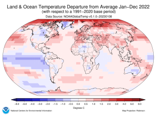 Map of Land & Ocean Temperature Departure from Average Jan-Dec 2022 for the globe with cooler areas shaded in blue and warmer areas shaded in red.