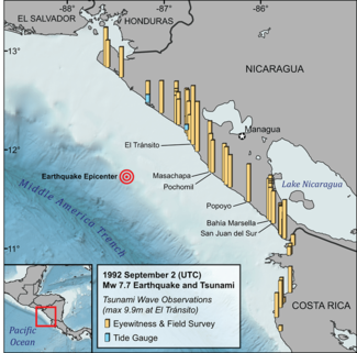 Graphic of map where Nicaragua earthquake and tsunami struck along the coasts of Nicaragua and Costa Rica. Yellow bars above points on the coastline indicate the relative runup heights of the tsunami.