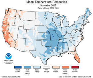 Map of November 2018 U.S. average temperature percentiles
