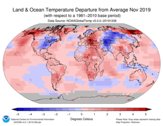 November 2019 Global Temperature Departures from Average Map