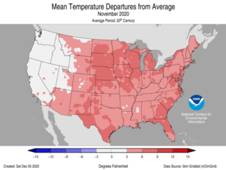 November 2020 US Mean Temperature Departures from Average Map