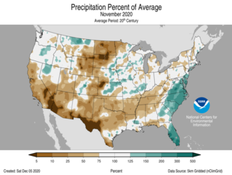 November 2020 US Precipitation Percent of Average Map