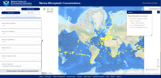NOAA NCEI Marine Microplastic Concentration map shows very high concentrations in red, high concentration in orange, medium concentration in yellow, low concentration in green, and very low concentration in purple; The navigation bar on the left demonstrates the options for showing data on the map.