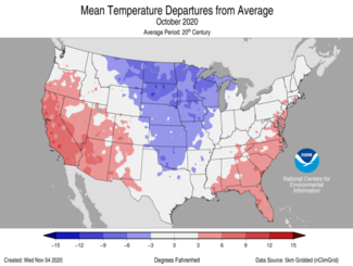 October 2020 US Average Temperature Departures from Average Map