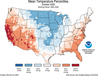 October 2020 US Average Temperature Percentiles Map