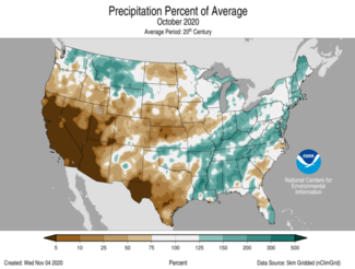 October 2020 US Precipitation Percent of Average Map